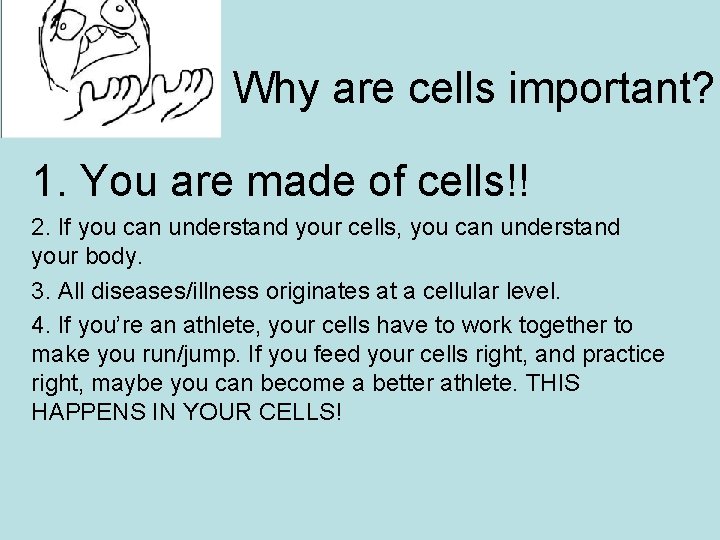 Why are cells important? 1. You are made of cells!! 2. If you can