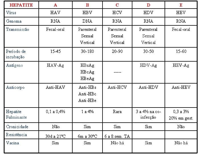 HEPATITE A B C D E Vírus HAV HBV HCV HDV HEV Genoma RNA