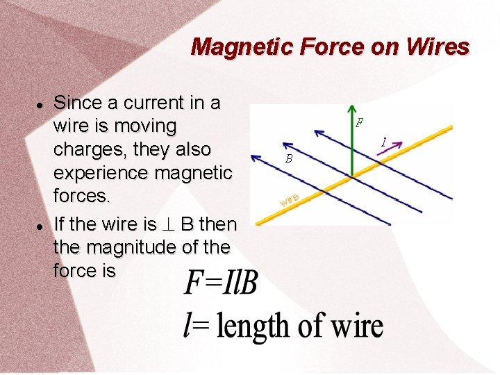 Magnetic Force on Wires Since a current in a wire is moving charges, they