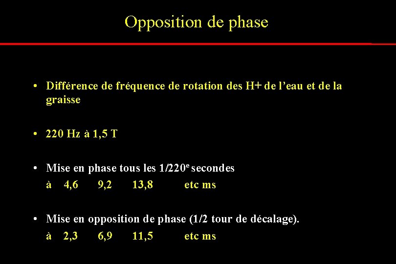 Opposition de phase • Différence de fréquence de rotation des H+ de l’eau et