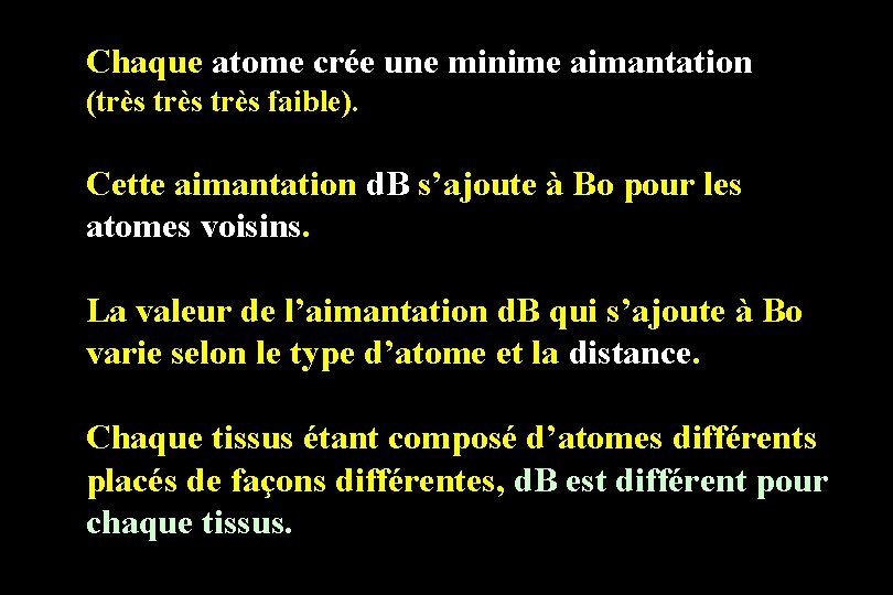 Chaque atome crée une minime aimantation (très faible). Cette aimantation d. B s’ajoute à