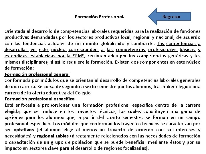 Formación Profesional. Regresar Orientada al desarrollo de competencias laborales requeridas para la realización de Formación Profesional. Regresar Orientada al desarrollo de competencias laborales requeridas para la realización de