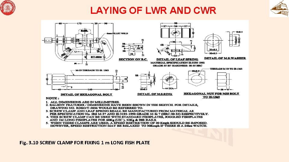 LAYING OF LWR AND CWR Fig. 3. 10 SCREW CLAMP FOR FIXING 1 m