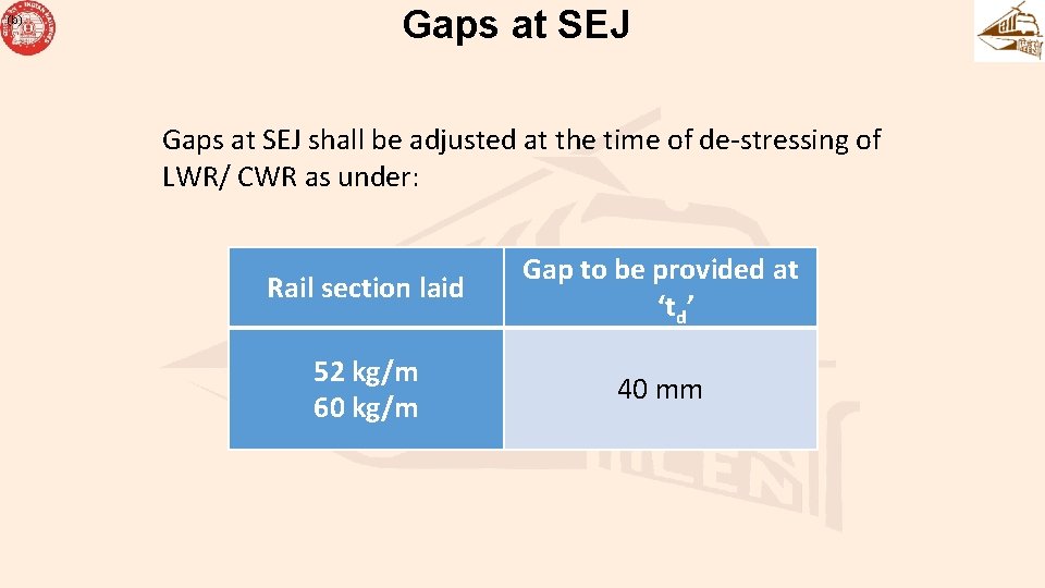 (b) Gaps at SEJ shall be adjusted at the time of de-stressing of LWR/