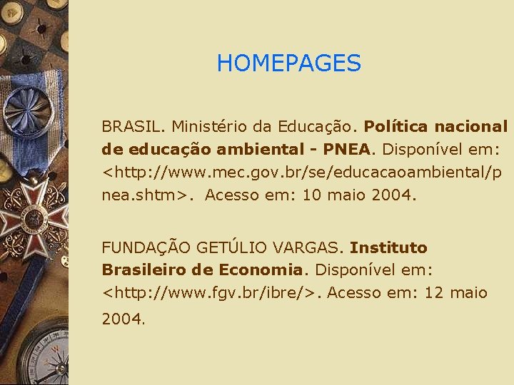 HOMEPAGES BRASIL. Ministério da Educação. Política nacional de educação ambiental - PNEA. Disponível em: