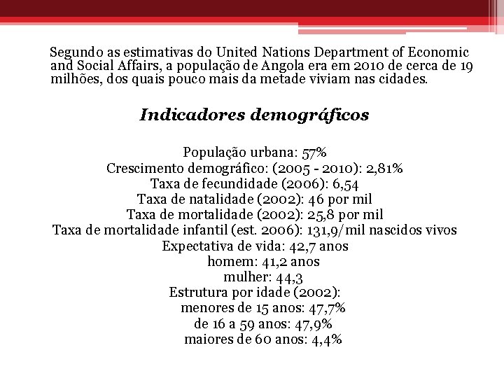 Segundo as estimativas do United Nations Department of Economic and Social Affairs, a população