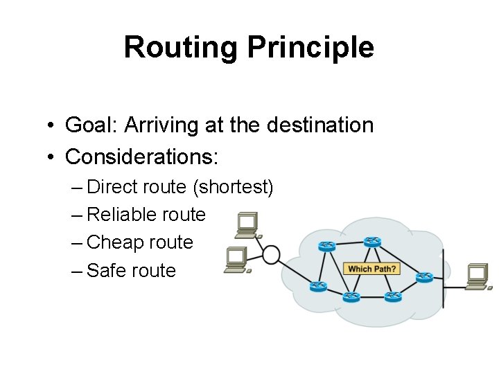 Routing Principle • Goal: Arriving at the destination • Considerations: – Direct route (shortest)