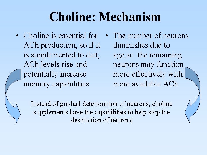 Choline: Mechanism • Choline is essential for • The number of neurons ACh production,