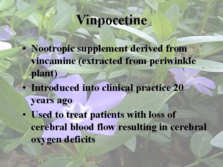 Vinpocetine • Nootropic supplement derived from vincamine (extracted from periwinkle plant) • Introduced into