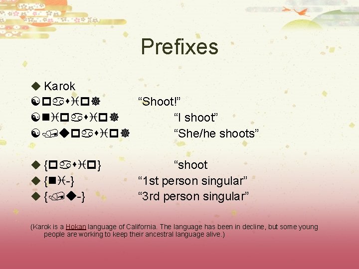 Prefixes u Karok [pasip] “Shoot!” [nipasip] “I shoot” [/upasip] “She/he shoots” u {pasip} u