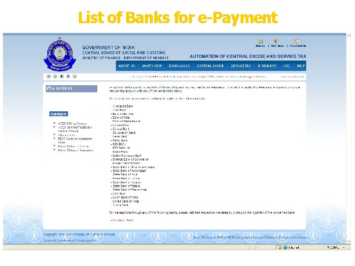 List of Banks for e-Payment 