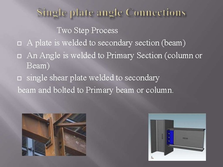 Two Step Process A plate is welded to secondary section (beam) An Angle is