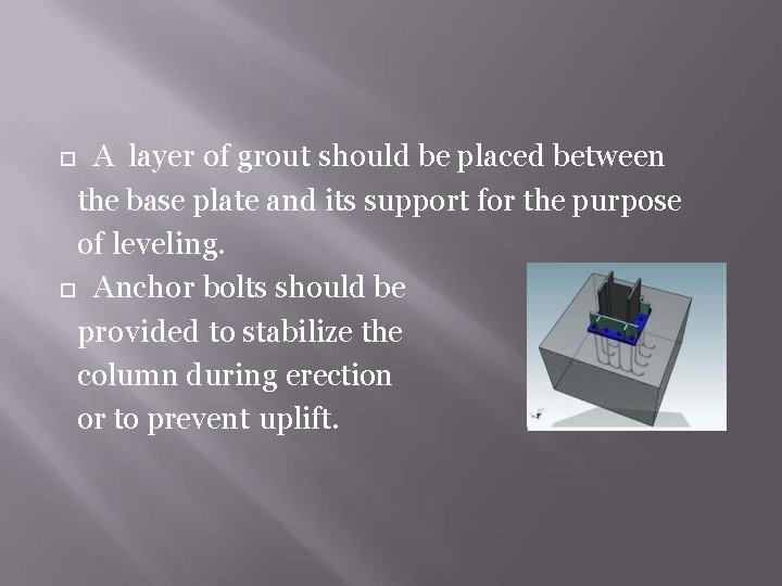 A layer of grout should be placed between the base plate and its support