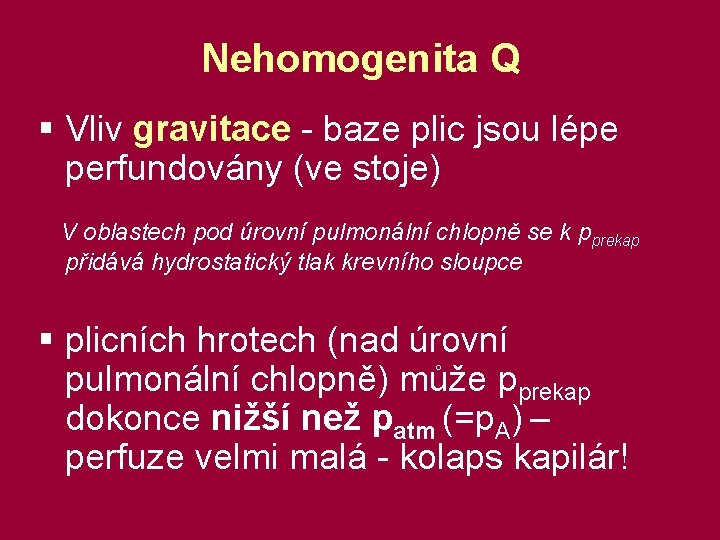 Nehomogenita Q § Vliv gravitace - baze plic jsou lépe perfundovány (ve stoje) V