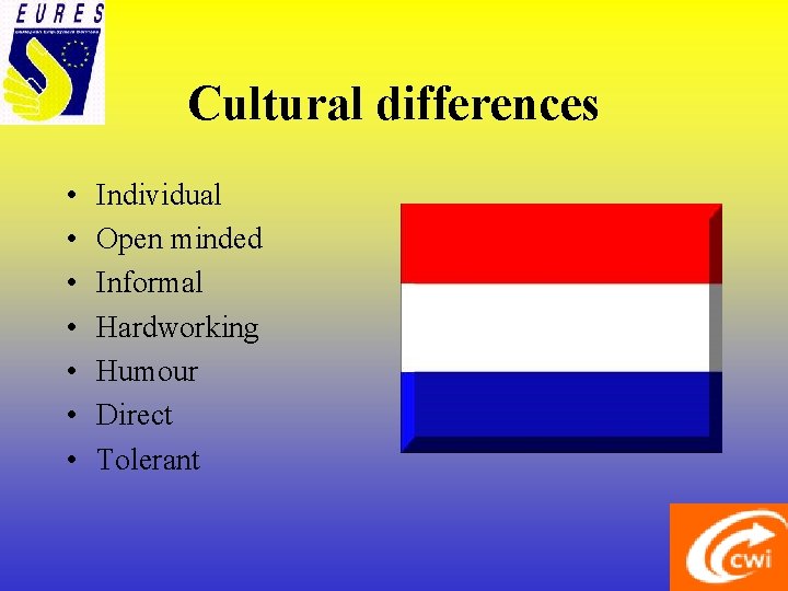 Cultural differences • • Individual Open minded Informal Hardworking Humour Direct Tolerant 