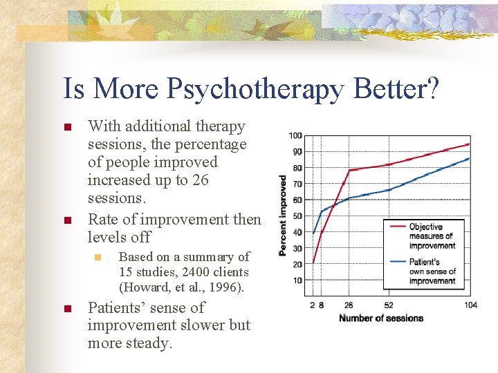 Is More Psychotherapy Better? n n With additional therapy sessions, the percentage of people