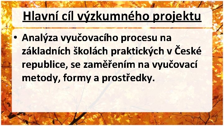Hlavní cíl výzkumného projektu • Analýza vyučovacího procesu na základních školách praktických v České