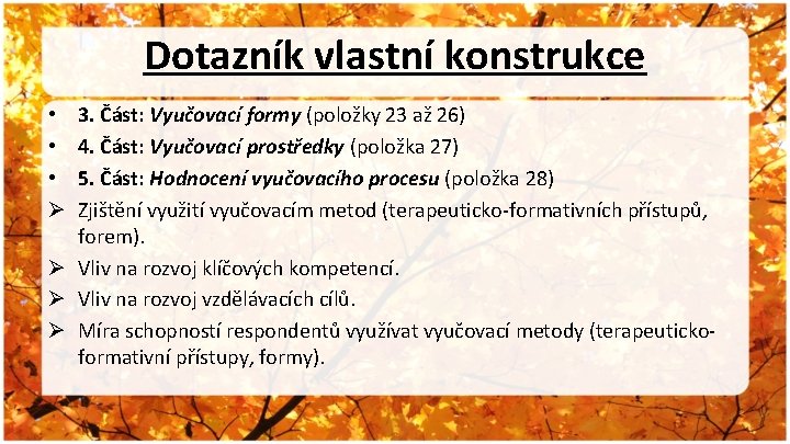 Dotazník vlastní konstrukce 3. Část: Vyučovací formy (položky 23 až 26) 4. Část: Vyučovací