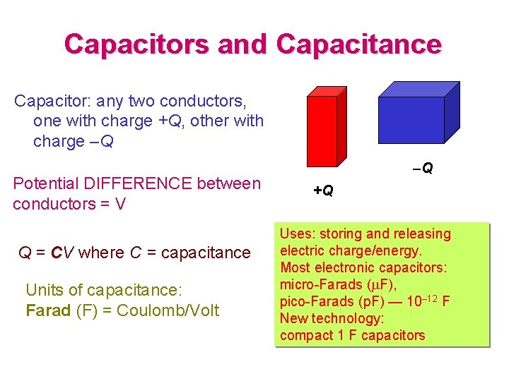 Capacitors and Capacitance Capacitor: any two conductors, one with charge +Q, other with charge