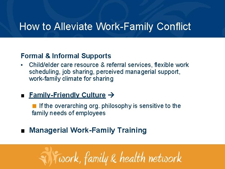 How to Alleviate Work-Family Conflict Formal & Informal Supports • Child/elder care resource &