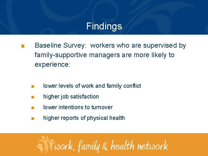 Findings Baseline Survey: workers who are supervised by family-supportive managers are more likely to
