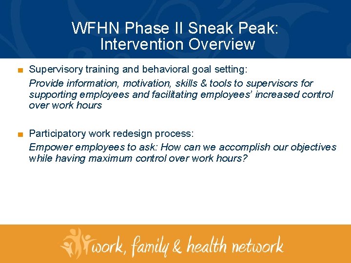 WFHN Phase II Sneak Peak: Intervention Overview ■ Supervisory training and behavioral goal setting: