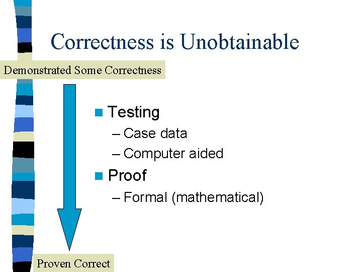 Correctness is Unobtainable Demonstrated Some Correctness n Testing – Case data – Computer aided