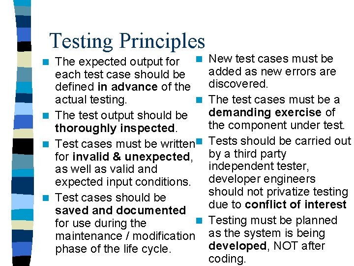 Testing Principles The expected output for n each test case should be defined in