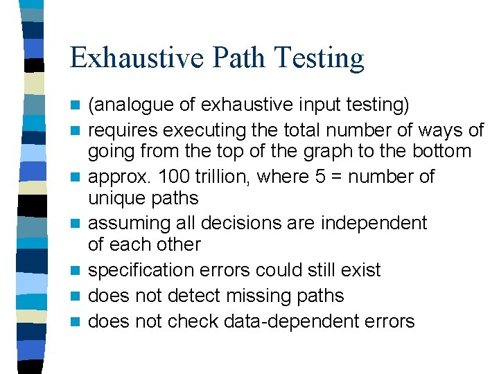 Exhaustive Path Testing n n n n (analogue of exhaustive input testing) requires executing