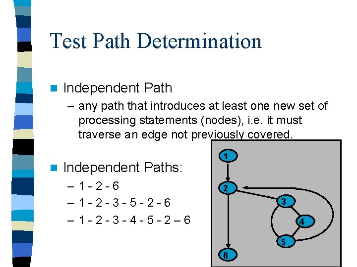 Test Path Determination n Independent Path – any path that introduces at least one