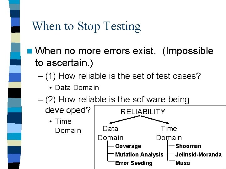 When to Stop Testing n When no more errors exist. (Impossible to ascertain. )