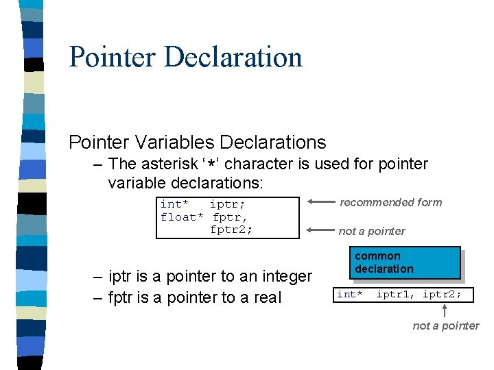 Pointer Declaration Pointer Variables Declarations – The asterisk ‘*’ character is used for pointer