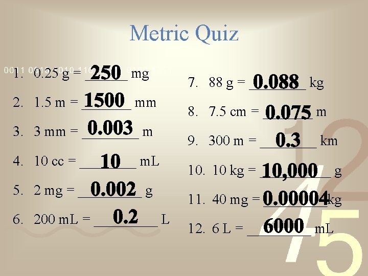 Metric Quiz 1. 0. 25 g = ______ mg 2. 1. 5 m =