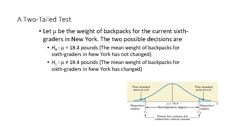 A Two-Tailed Test • Let μ be the weight of backpacks for the current