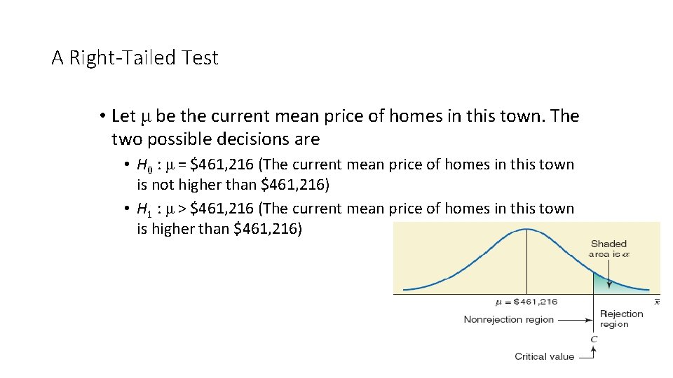 A Right-Tailed Test • Let μ be the current mean price of homes in