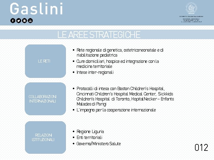 LE AREE STRATEGICHE LE RETI COLLABORAZIONI INTERNAZIONALI RELAZIONI ISTITUZIONALI • Rete regionale di genetica,