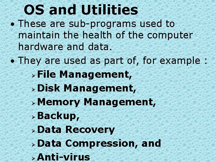 OS and Utilities • These are sub-programs used to maintain the health of the