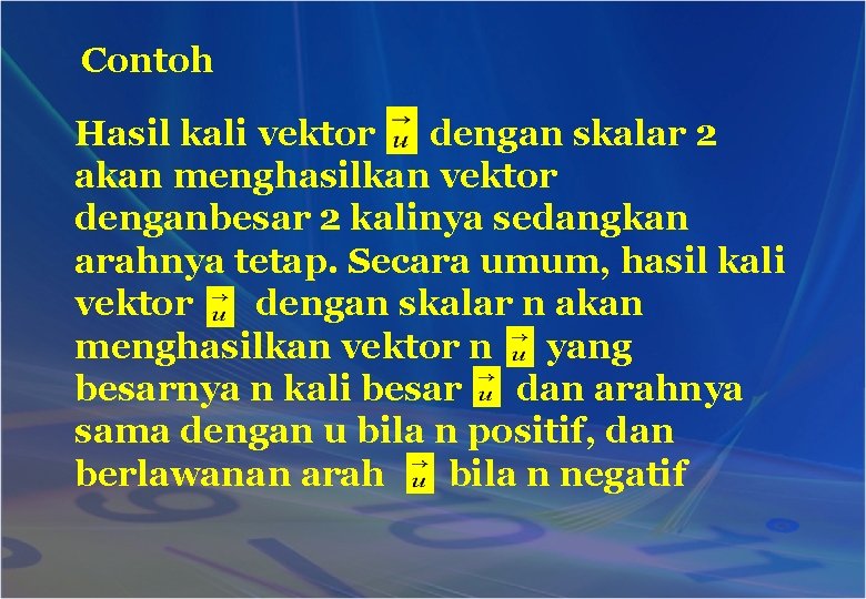 Contoh Hasil kali vektor dengan skalar 2 akan menghasilkan vektor denganbesar 2 kalinya sedangkan