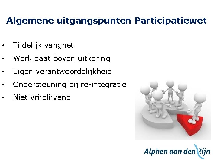 Algemene uitgangspunten Participatiewet • Tijdelijk vangnet • Werk gaat boven uitkering • Eigen verantwoordelijkheid