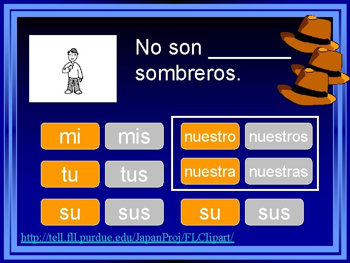 No son _______ sombreros. mi mis nuestros tu tus nuestras su sus su http: