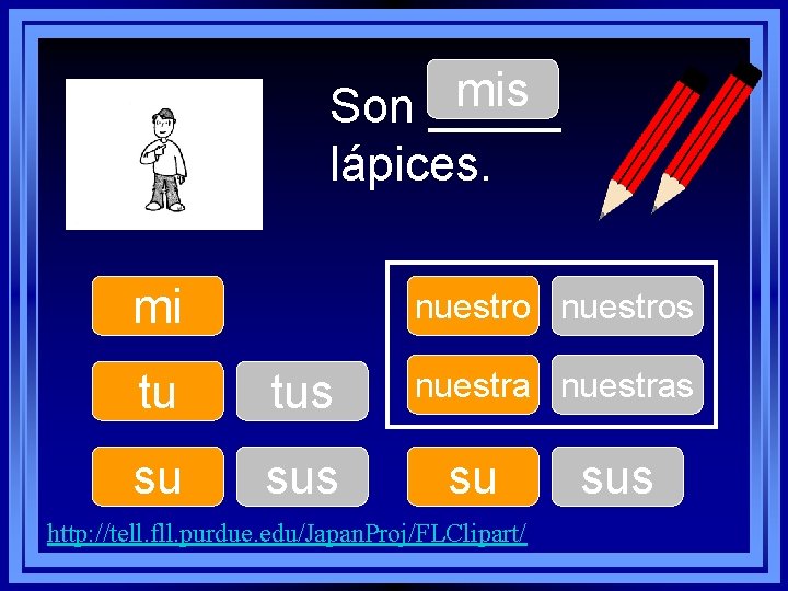 mis Son _____ lápices. mi nuestros tu tus su sus nuestras su http: //tell.