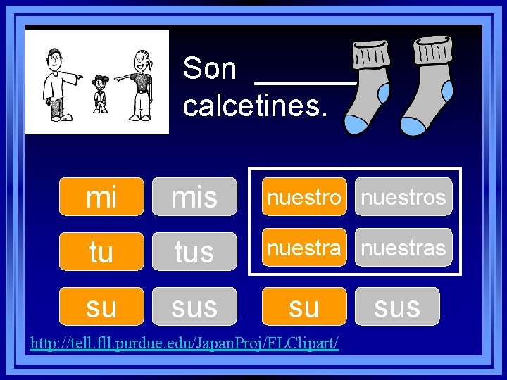 Son ______ calcetines. mi mis nuestros tu tus nuestras su sus su http: //tell.