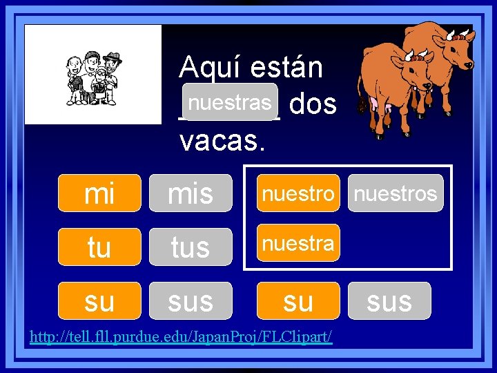 Aquí están nuestras dos ______ vacas. mi mis nuestros tu tus nuestra su sus