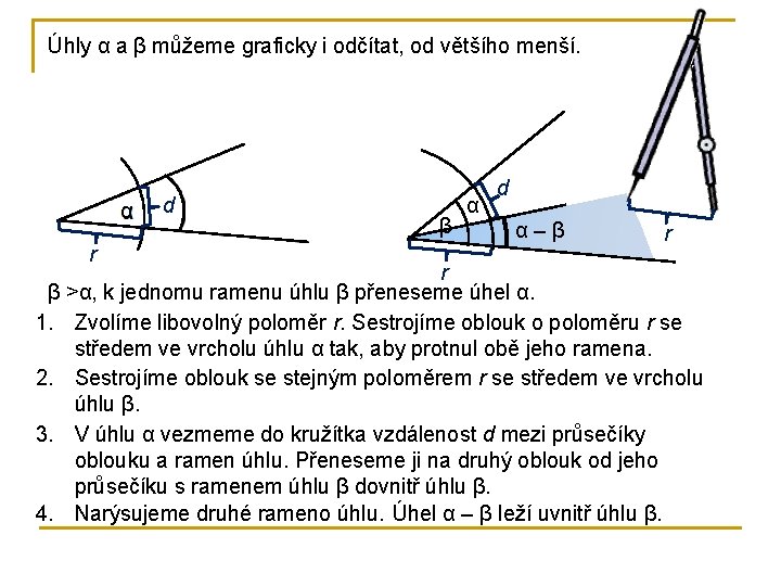 Úhly α a β můžeme graficky i odčítat, od většího menší. α r d