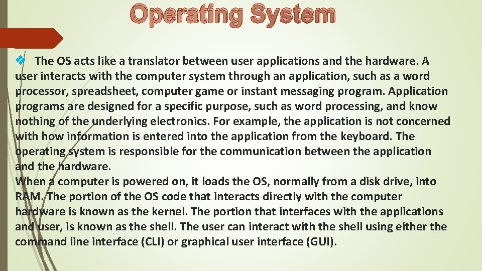 Operating System The OS acts like a translator between user applications and the hardware. Operating System The OS acts like a translator between user applications and the hardware.