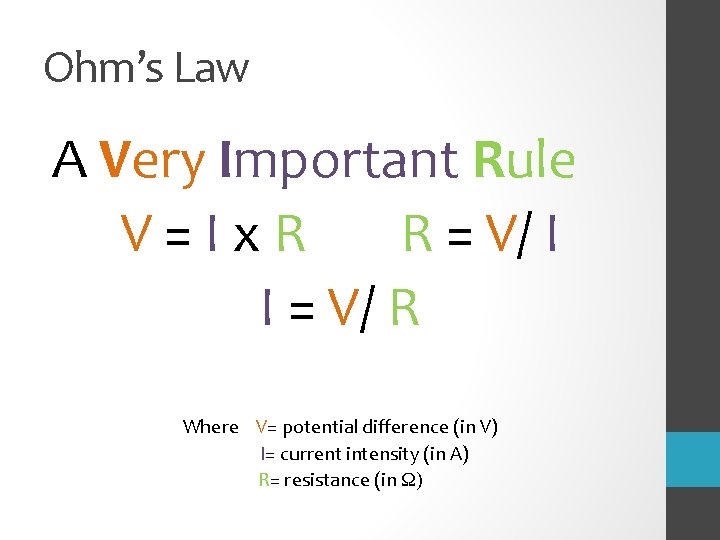 Ohm’s Law A Very Important Rule V=Ix. R R = V/ I I =