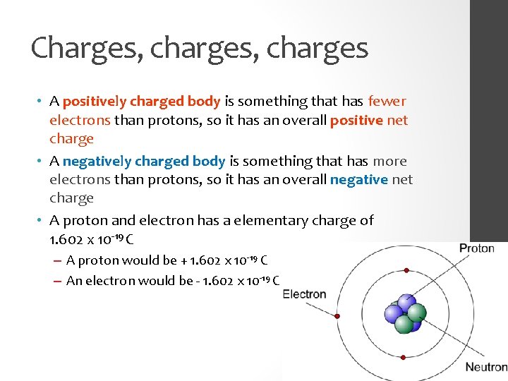 Charges, charges • A positively charged body is something that has fewer electrons than