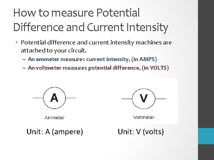 How to measure Potential Difference and Current Intensity • Potential difference and current intensity