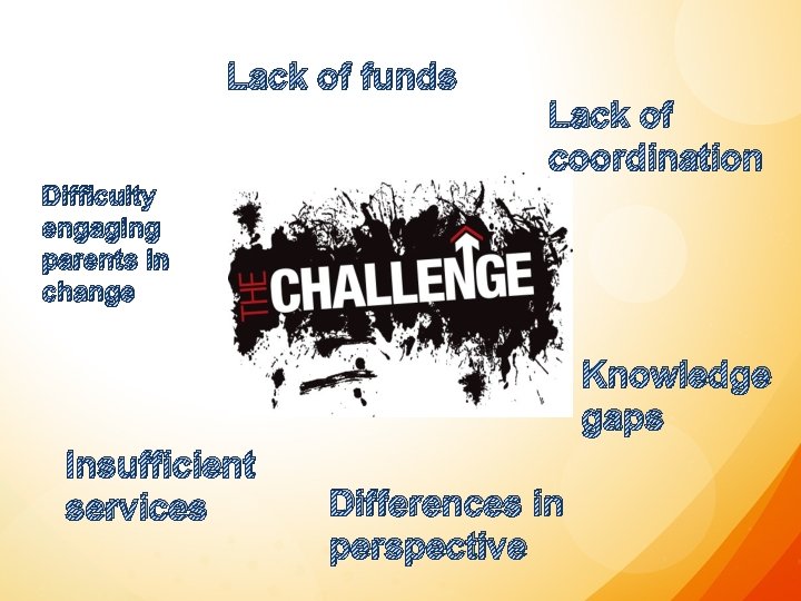 Lack of funds Lack of coordination Difficulty engaging parents in change Knowledge gaps Insufficient