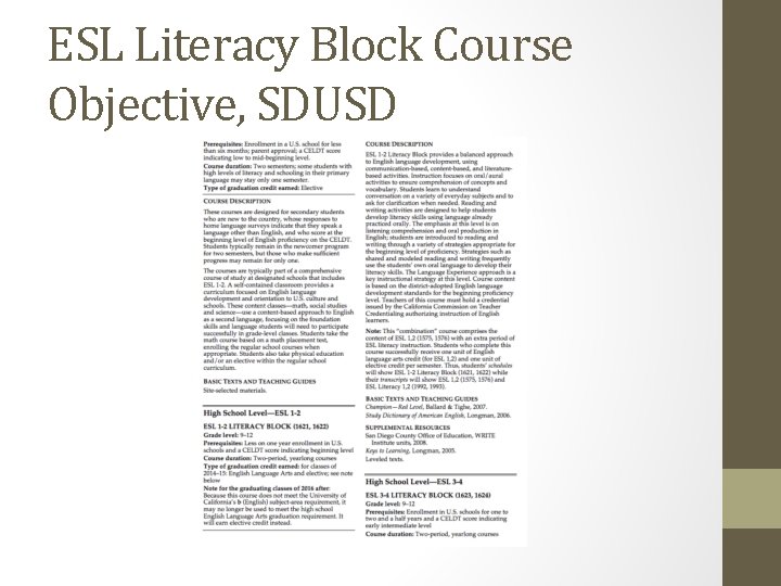 ESL Literacy Block Course Objective, SDUSD 